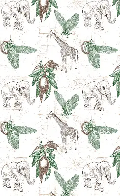 Rollo Fenster mit Motiv von Giraffen Elefanten und Blättern