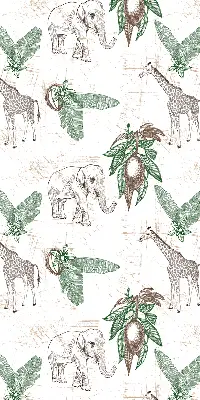 Rollo Fenster mit Motiv von Giraffen Elefanten und Blättern