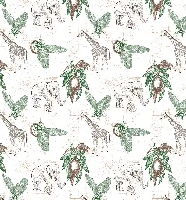 Rollo Fenster mit Motiv von Giraffen Elefanten und Blättern