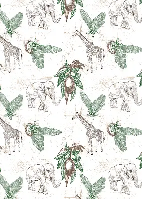 Rollo Fenster mit Motiv von Giraffen Elefanten und Blättern