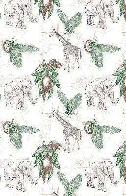 Rollo Fenster mit Motiv von Giraffen Elefanten und Blättern