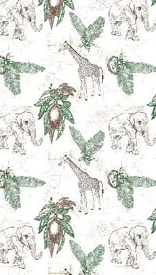 Rollo Fenster mit Motiv von Giraffen Elefanten und Blättern