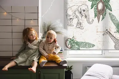 Rollo Fenster mit Motiv von Giraffen Elefanten und Blättern