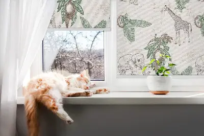 Rollo Fenster mit Motiv von Giraffen Elefanten und Blättern