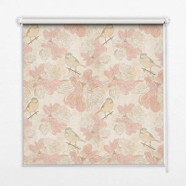 Fensterrollo mit Motiv von Vögeln zwischen Blumen