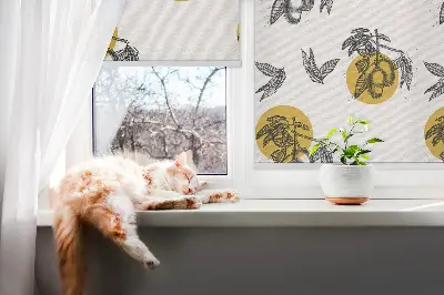 Fensterrollo mit Motiv von Früchten und gelben Kreisen