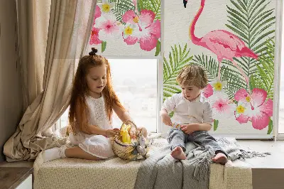 Fensterrollo für den Innenbereich mit Flamingos und Blättermotiv