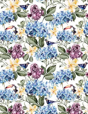 Fensterrollo mit Motiv von Tukanen und Blumen