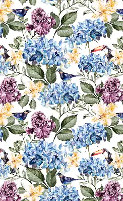 Fensterrollo mit Motiv von Tukanen und Blumen