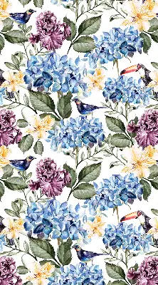 Fensterrollo mit Motiv von Tukanen und Blumen