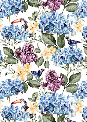 Fensterrollo mit Motiv von Tukanen und Blumen
