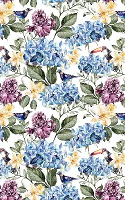 Fensterrollo mit Motiv von Tukanen und Blumen