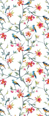 Fensterrollo innen mit einem Motiv von einem Vogel auf einem Ast