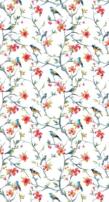 Fensterrollo innen mit einem Motiv von einem Vogel auf einem Ast