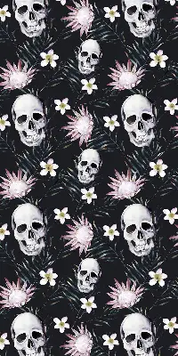 Rollo Fenster mit Motiv Schädel zwischen Blumen