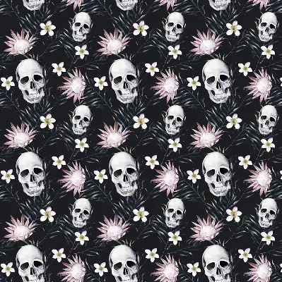 Rollo Fenster mit Motiv Schädel zwischen Blumen