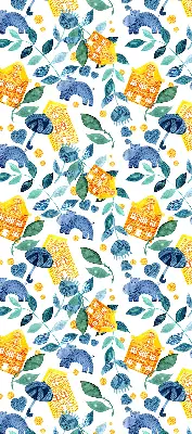 Fensterrollo für den Innenbereich mit Motiv von gelben Häusern und blauen Pflanzen