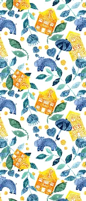 Fensterrollo für den Innenbereich mit Motiv von gelben Häusern und blauen Pflanzen