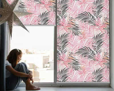 Fensterrollo innen mit Motiv von rosa und schwarzen Blättern