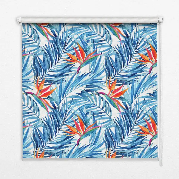 Fensterrollo für den Innenbereich mit blauem Blättermotiv