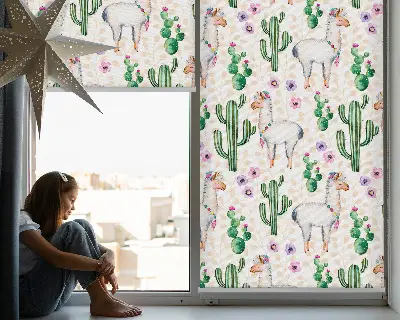 Fensterrollo mit Motiv von Lamas und Kakteen