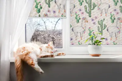 Fensterrollo mit Motiv von Lamas und Kakteen