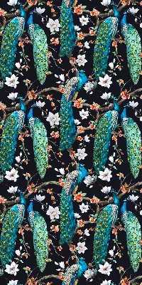 Fensterrollo mit Pfau und Blumenmotiv