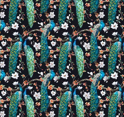 Fensterrollo mit Pfau und Blumenmotiv