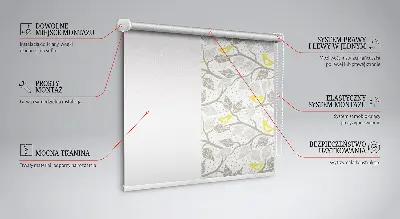 Fensterrollo innen mit Motiv von gelben Vögeln auf grauen Zweigen