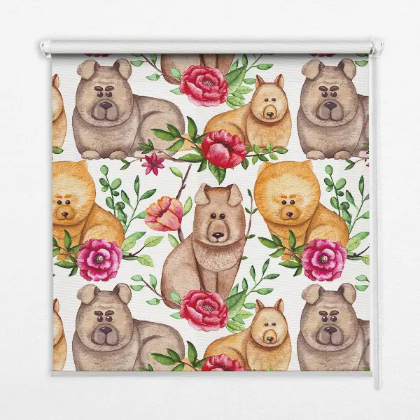 Fensterrollo mit dem Motiv eines Hundes zwischen Blumen