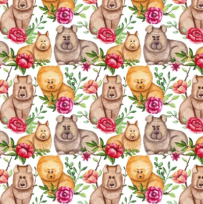 Fensterrollo mit dem Motiv eines Hundes zwischen Blumen