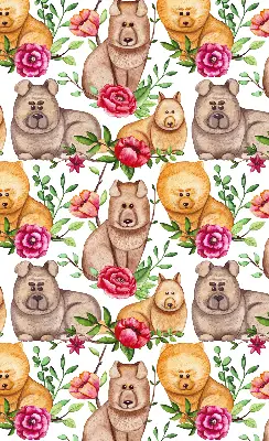 Fensterrollo mit dem Motiv eines Hundes zwischen Blumen