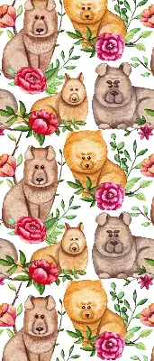 Fensterrollo mit dem Motiv eines Hundes zwischen Blumen