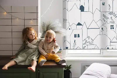 Fensterrollo mit Motiv gezeichnete Häuser