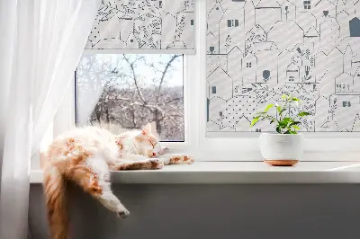Fensterrollo mit Motiv gezeichnete Häuser