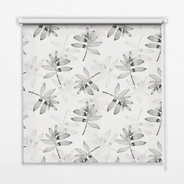 Fensterrollo für den Innenbereich mit grauem Blättermotiv in skizzierter Optik