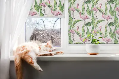 Fensterrollo für den Innenbereich mit Flamingos im Blätterdesign