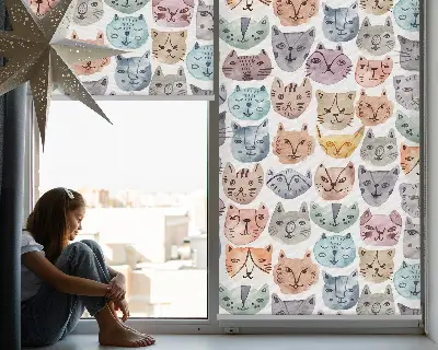 Rollo Fenster mit bunten Katzengesichtern