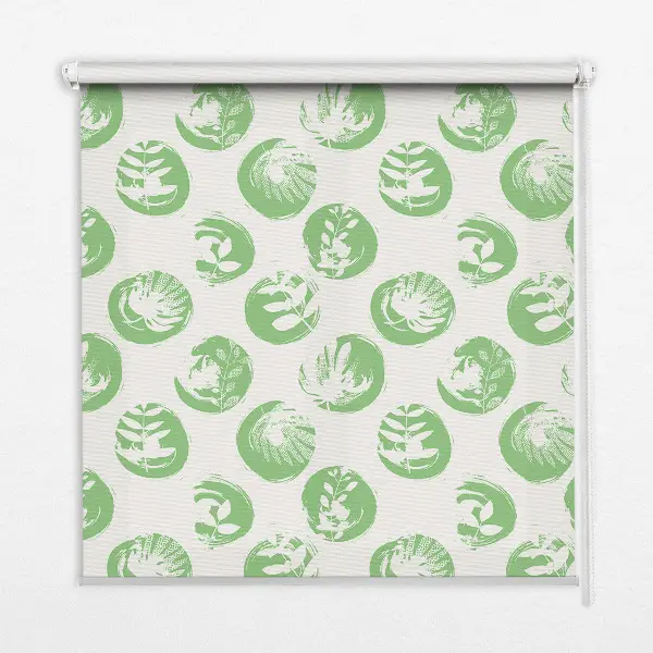 Fensterrollo mit Motiv von Pflanzen die sich in grünen Kreisen spiegeln