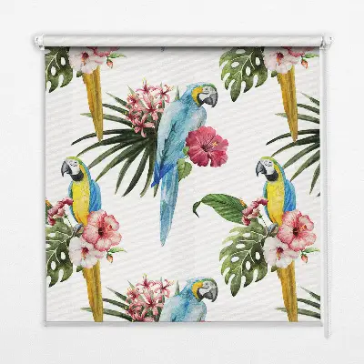 Fensterrollo mit Motiv von einem Papagei auf Blumen