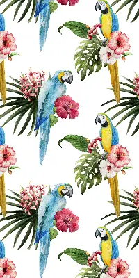 Fensterrollo mit Motiv von einem Papagei auf Blumen