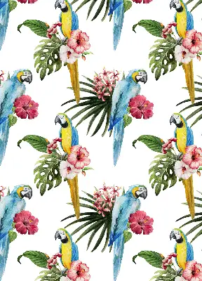 Fensterrollo mit Motiv von einem Papagei auf Blumen