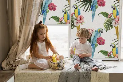 Fensterrollo mit Motiv von einem Papagei auf Blumen