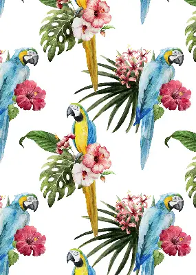 Fensterrollo mit Motiv von einem Papagei auf Blumen