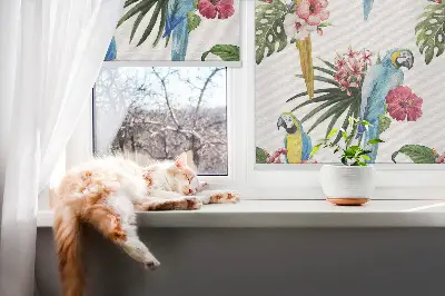 Fensterrollo mit Motiv von einem Papagei auf Blumen