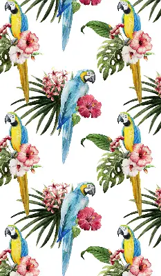 Fensterrollo mit Motiv von einem Papagei auf Blumen