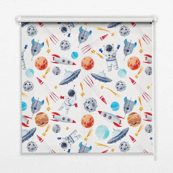 Fensterrollo mit Motiven von Raketen, Kosmonauten, Planeten und UFOs
