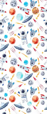 Fensterrollo mit Motiven von Raketen, Kosmonauten, Planeten und UFOs