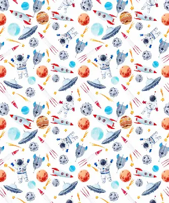 Fensterrollo mit Motiven von Raketen, Kosmonauten, Planeten und UFOs