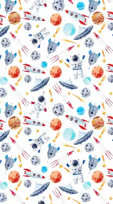 Fensterrollo mit Motiven von Raketen, Kosmonauten, Planeten und UFOs